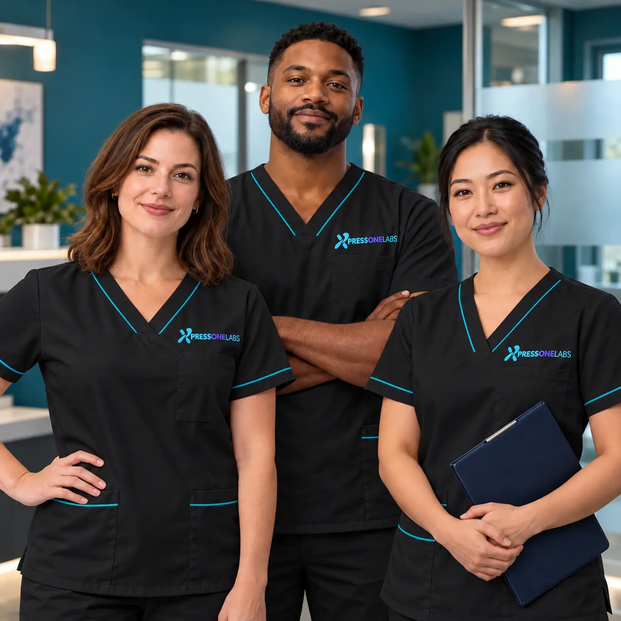 Illustrative diverse team of three confident collection professionals in black Xpress One Labs uniforms