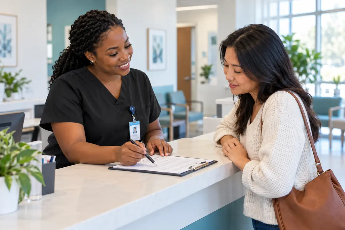 Illustrative clinic consultation with a collection professional helping a visitor prepare for an appointment