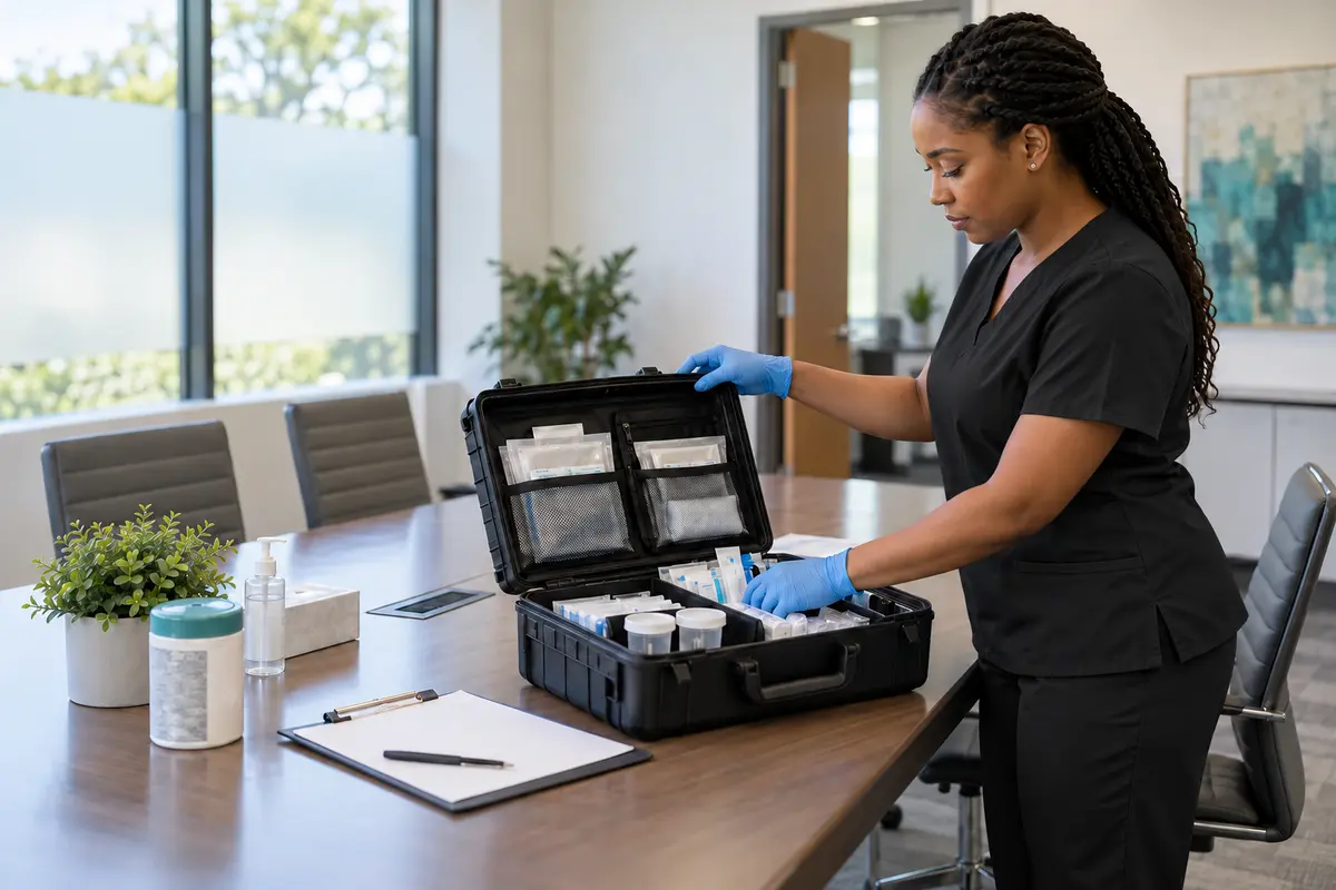 Illustrative collection professional preparing a portable testing kit in a private workplace room