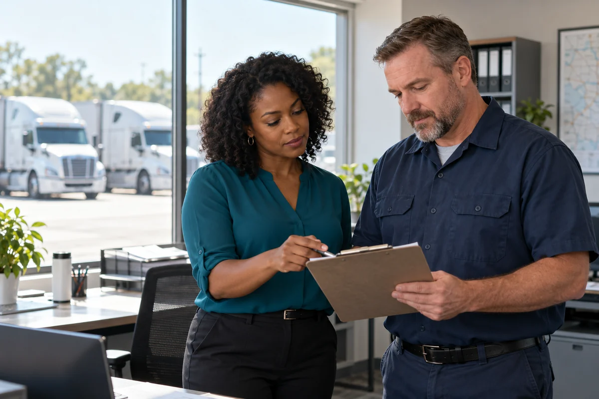 Illustrative workplace testing planning meeting with a fleet manager and company representative