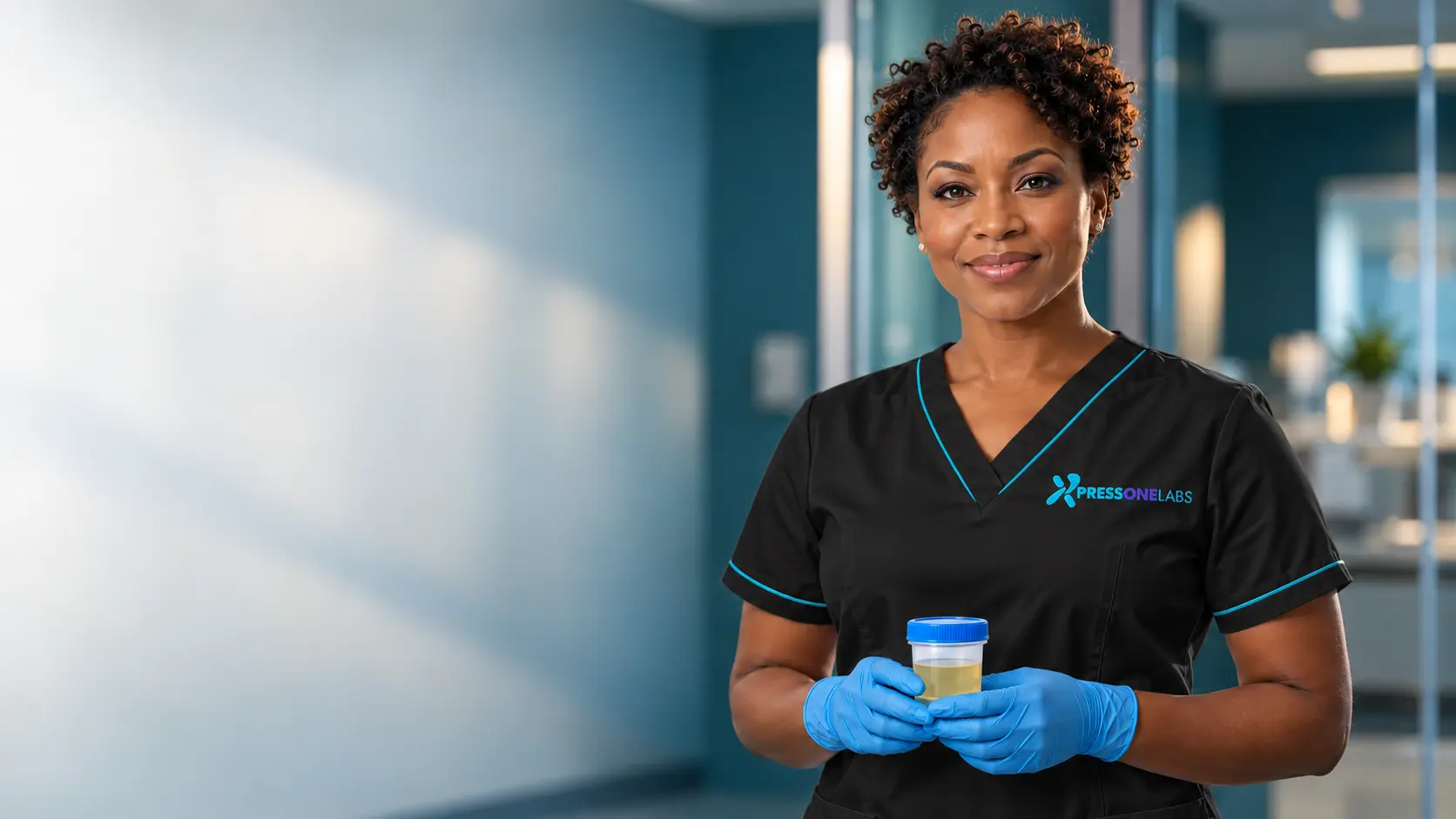 Illustrative confident Black female collection professional wearing a black Xpress One Labs uniform and holding a sealed sample